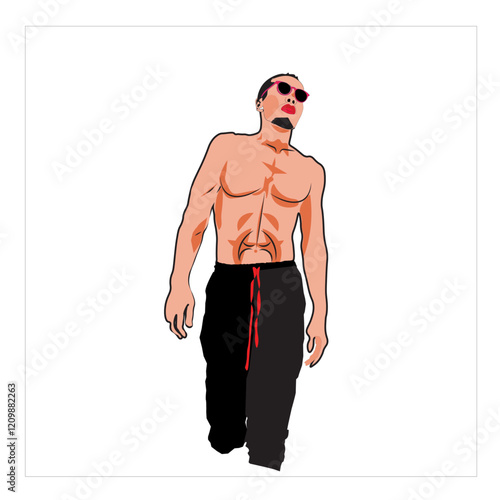 sixpack man walking on beach with muscle and sunglasses 