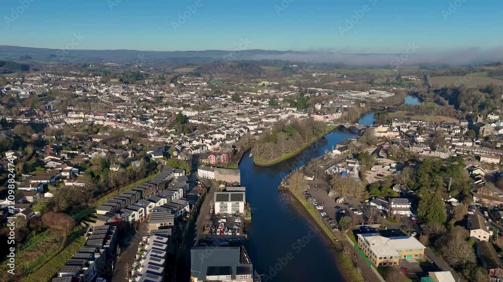 Aerial view Approaching Totnes over River Dart Aerial view Approaching Totnes over River Dart