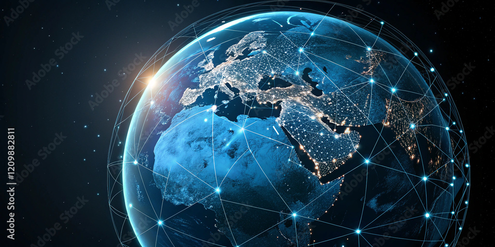 Naklejka premium Planet Earth Rendered Digitally with Global Network