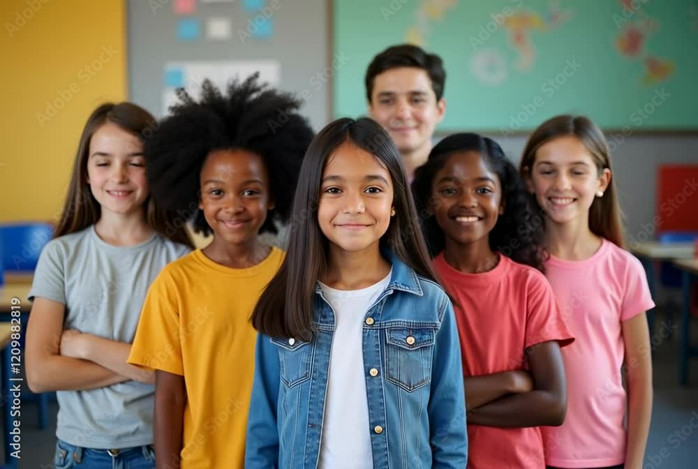Diverse Group of Confident Children Smiling Together in a Classroom Environment, Emphasizing Friendship, Unity, and Inclusivity in Education Diverse Group of Confident Children Smiling Together in a Classroom Environment, Emphasizing Friendship, Unity, and Inclusivity in Education