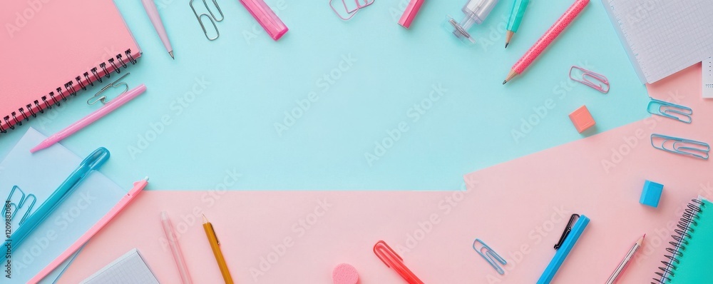 Back to school concept. Overhead view photo of stylish office supplies on pastel pink and blue colored backdrop with space for message Back to school concept. Overhead view photo of stylish office supplies on pastel pink and blue colored backdrop with space for message