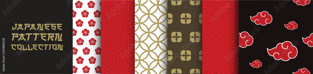 Colección de Patrones Japoneses, Conjunto Oriental de Gráficos Vectoriales Sin Costura inspirados en películas, manga y anime. Nubes, Ornamentación, Flores y formas geométricas.