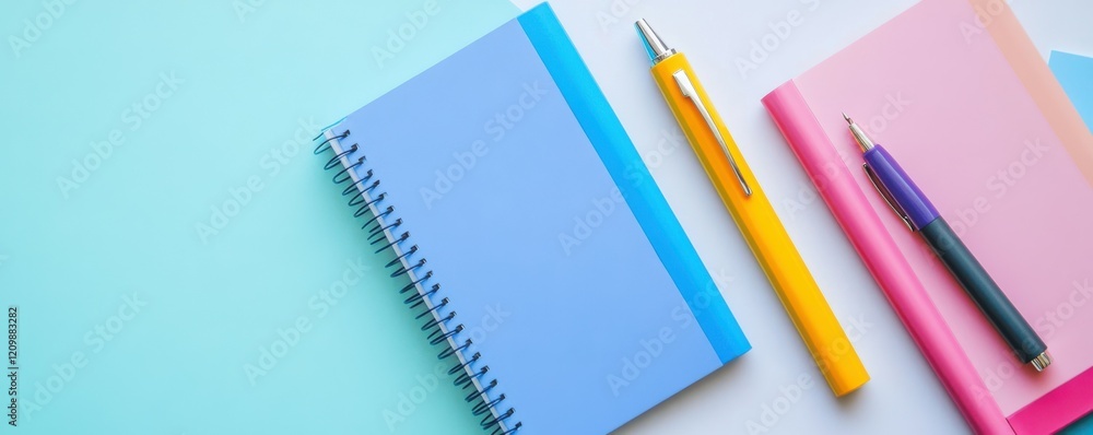 Back to school concept. Top view photo of colorful diaries and pens on bicolor blue and white background Back to school concept. Top view photo of colorful diaries and pens on bicolor blue and white background