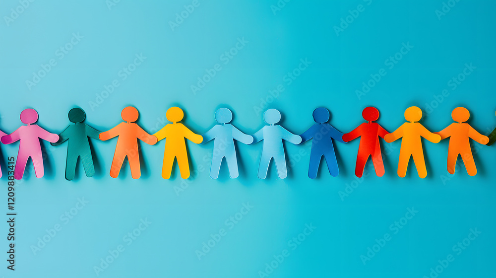A chain of colorful paper cut out humans holding hands on a blue studio background. Row of diverse people help, family union connection A chain of colorful paper cut out humans holding hands on a blue studio background. Row of diverse people help, family union connection