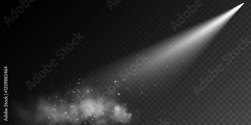 A dim spotlight casts soft beams of light through a hazy, fog-like texture against a dark background, evoking a somber and atmospheric mood, ideal for dramatic or abstract visuals.