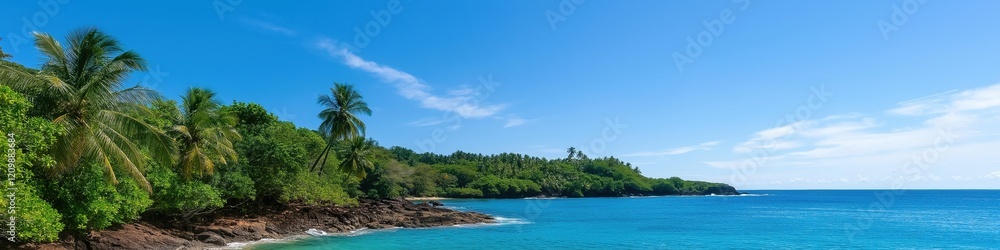 A beautiful blue ocean with a sandy beach and palm trees in the background. The sky is clear and the sun is shining brightly A beautiful blue ocean with a sandy beach and palm trees in the background. The sky is clear and the sun is shining brightly