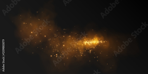 Fantastic smoke background. Magic smoke with glitter and small particles of shimmering stars, fog with glowing particles, golden vapour with stardust. Vector illustration.	