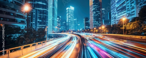 A futuristic cityscape illuminated by neon lights, with flying cars zooming overhead.