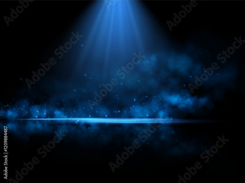 A glowing blue spotlight illuminates a misty scene with sparkling particles scattered in the dark background, creating a mysterious and ethereal atmosphere, perfect for abstract or cosmic themes.