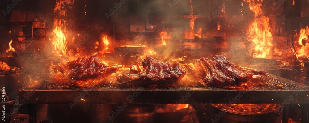 Obraz premium Barbecue ribs cooking over open flames, smoky and dynamic scene.