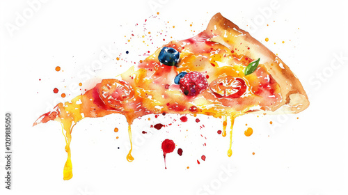 Vibrant Watercolor Painting of a Delicious Pizza Slice Topped with Fresh Fruits and Melting Cheese Surrounded by Colorful Splashes and Drips