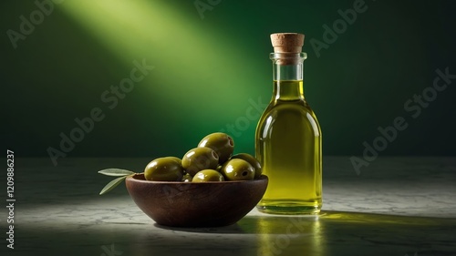 Wallpaper Mural Olive oil and fresh olives displayed on a marble surface with dramatic lighting in a dimly lit room Torontodigital.ca
