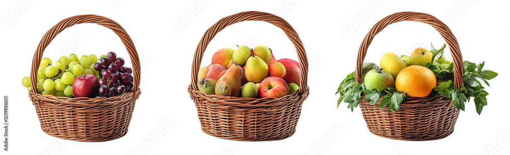 three woven baskets filled with a variety of fresh fruits. including grapes. apples. pears. and oranges. arranged neatly against a white background the vibrant colors and natural textures highlight th three woven baskets filled with a variety of fresh fruits. including grapes. apples. pears. and oranges. arranged neatly against a white background the vibrant colors and natural textures highlight th