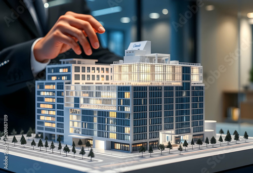 architectural model, modern building design, miniature cityscape, hands placing rooftop, detailed scale model, blue and white color scheme, glass facades, urban planning, 3D visualization, professiona photo