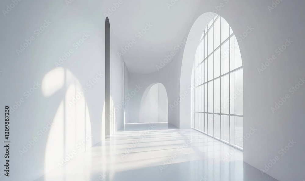 Obraz premium Modern minimal white office corridor or hallway interior with a large window though the meeting room, Generative AI