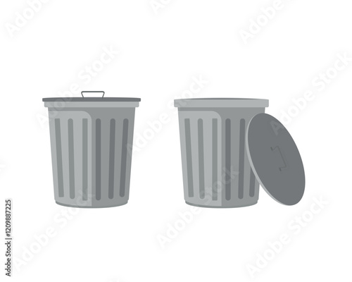 Metal trash can. Set of trash cans with open and closed lid. design isolated on white background. Flat vector illustration