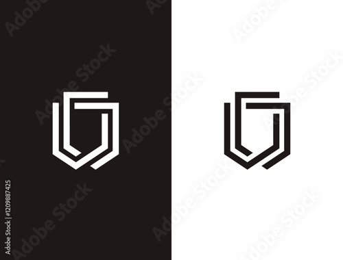 Modern Shield Logo Design. Black and White Geometric Protection Icon.

