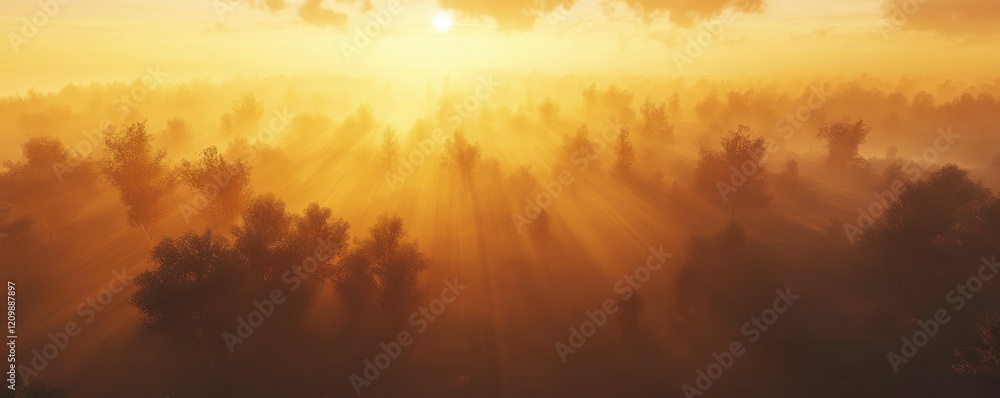 Fototapeta premium Beautiful sunrise over a foggy forest, golden light streaming through trees.