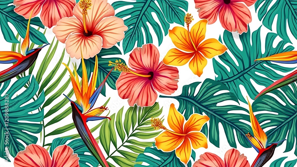 Vibrant Tropical Floral Pattern with Hibiscus and Leaf Design Isolated Landscape background art illustration. Vibrant Tropical Floral Pattern with Hibiscus and Leaf Design Isolated Landscape background art illustration.