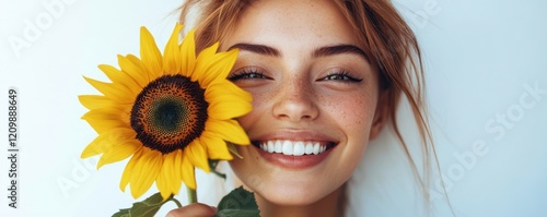 Beautiful woman smiling and holding a sunflower against a white background