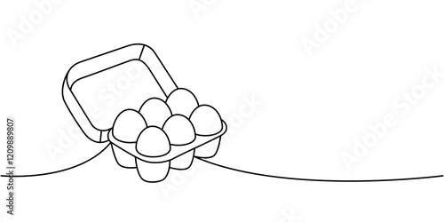 Raw eggs in cardboard container one line continuous drawing. Organic farm product. Vector illustration