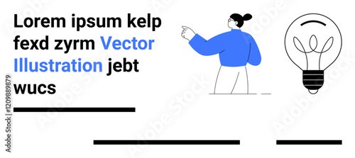 Business woman pointing at a light bulb, symbolizing creativity and innovation. Ideal for business presentations, startup pitches, educational materials, blogs, social media posts, marketing