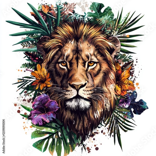 Majestic Lion s Head Amidst Vibrant Tropical Flowers and Lush Foliage photo