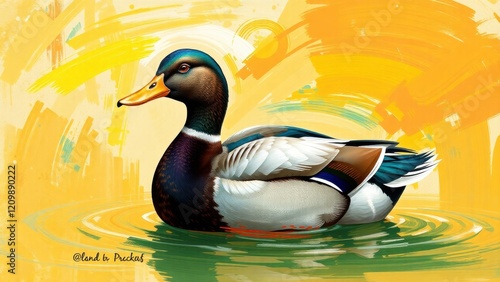 Painting of a duck swimming