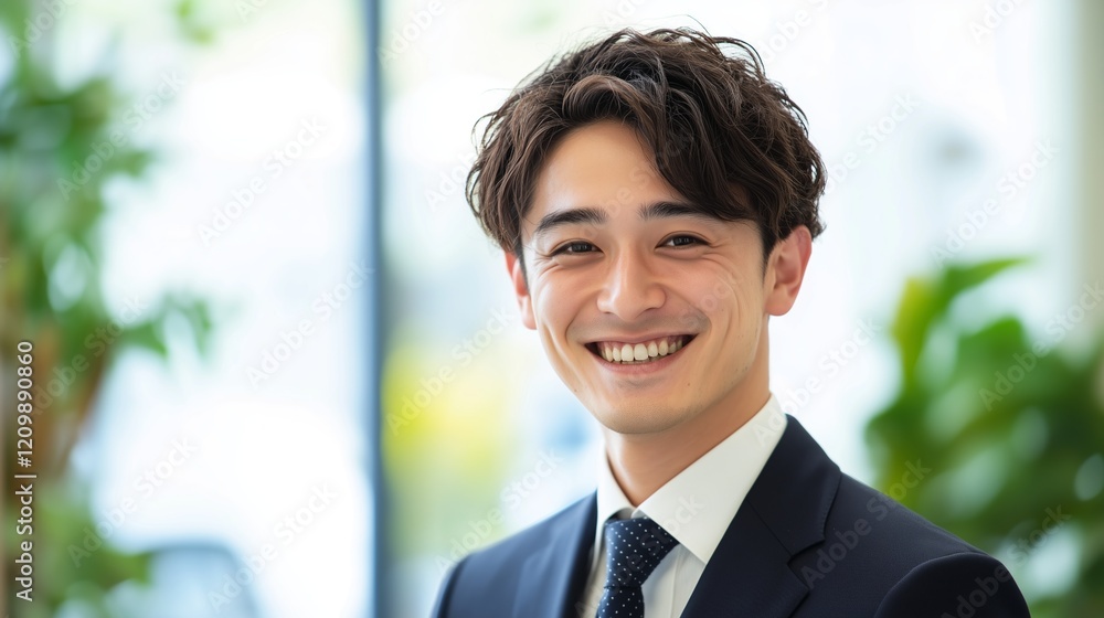 Young man with wavy brown hair and a warm smile wearing a suit, standing near a window with a blurred background of greenery and modern interiors. Young man with wavy brown hair and a warm smile wearing a suit, standing near a window with a blurred background of greenery and modern interiors.