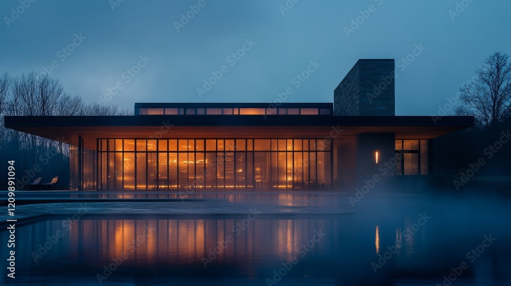 Contemporary home with a seamless connection to an outdoor pool, large windows reveal a misty night scene with warm and cool light contrasts Contemporary home with a seamless connection to an outdoor pool, large windows reveal a misty night scene with warm and cool light contrasts