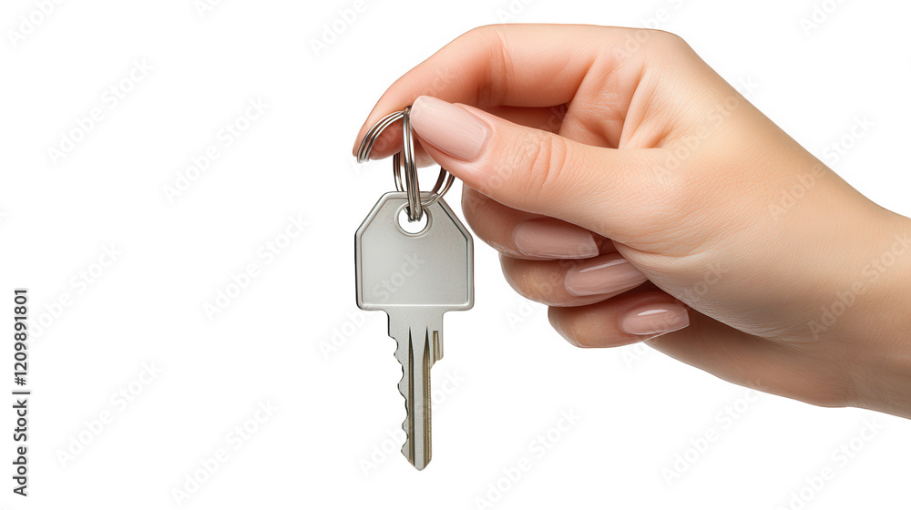 hand holding a key attached to a keyring. symbolizing access. security. or ownership the key is metallic and has a classic design. suggesting it may be used for a door or lock the background is neutra hand holding a key attached to a keyring. symbolizing access. security. or ownership the key is metallic and has a classic design. suggesting it may be used for a door or lock the background is neutra