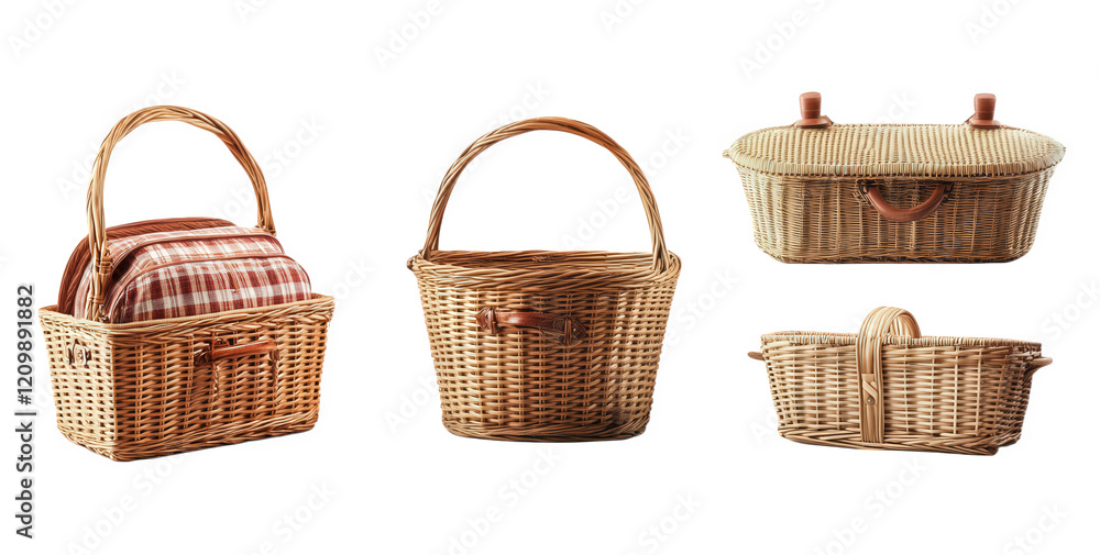 a variety of woven baskets. each differing in shape and size some are designed for picnic use. featuring checkered fabric. while others are simpler in design. suitable for storage or carrying items th a variety of woven baskets. each differing in shape and size some are designed for picnic use. featuring checkered fabric. while others are simpler in design. suitable for storage or carrying items th