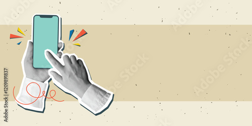 Black and white hands holding a phone with a empty screen, place for text Modern collage style. Vector illustration