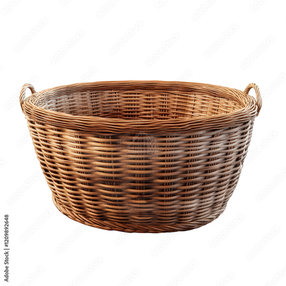 a round wicker basket with two handles. crafted from woven natural materials. showcasing a rustic design suitable for various purposes such as storage. decoration. or carrying items the basket's earth a round wicker basket with two handles. crafted from woven natural materials. showcasing a rustic design suitable for various purposes such as storage. decoration. or carrying items the basket's earth
