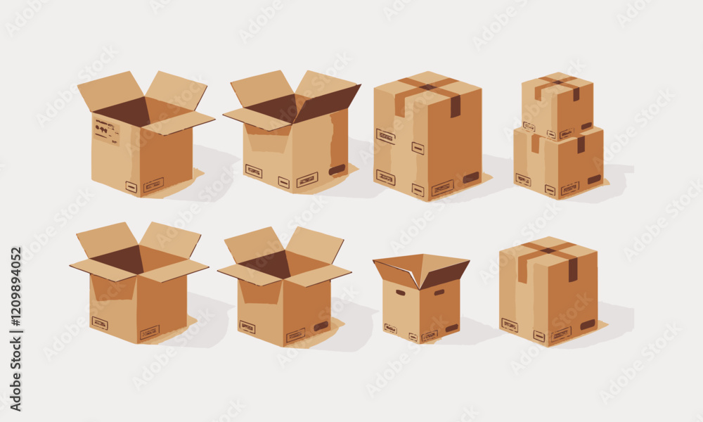 Parcel boxes pack set vector isometric and cardboard postal packages pile open and closed, easily editable. Parcel boxes pack set vector isometric and cardboard postal packages pile open and closed, easily editable.