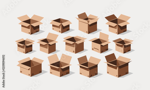 Parcel boxes pack set vector isometric and cardboard postal packages pile open and closed, easily editable.