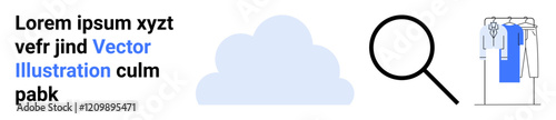 Cloud icon, magnifying glass, and clothing rack with garments highlight storage, search, and organization. Ideal for search engines, e-commerce, cloud storage, fashion retail data analysis