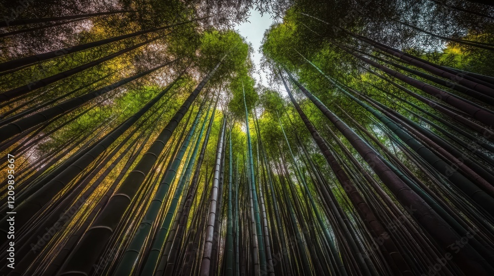 A dense bamboo forest with tall, straight green stalks reaching toward the sky. A dense bamboo forest with tall, straight green stalks reaching toward the sky.