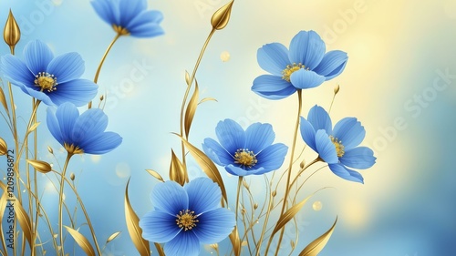 Fototapeta Naklejka Na Ścianę i Meble -  Digital artwork of blue and gold flowers against a soft, blurred background of light blue and yellow hues.