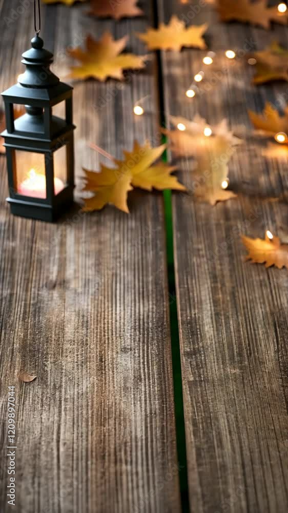 Candles flicker amidst autumn leaves and soft lights, creating a cozy atmosphere on a wooden surface during the evening Candles flicker amidst autumn leaves and soft lights, creating a cozy atmosphere on a wooden surface during the evening