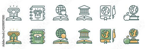 history journal book icon line set education learning earth ancient museum medieval building literature research signs vector illustration for web and app