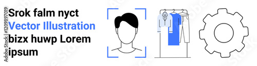 Profile avatar inside frame, clothing rack with garments, large gear icon. Ideal for identity, fashion, organization, technology, teamwork productivity innovation. Landing page