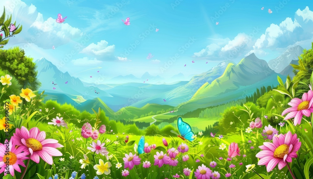 Fototapeta premium A picturesque landscape featuring a lush green meadow overflowing with vibrant flowers, butterflies flitting through the air, and majestic mountains in the background, all under a clear blue sky.