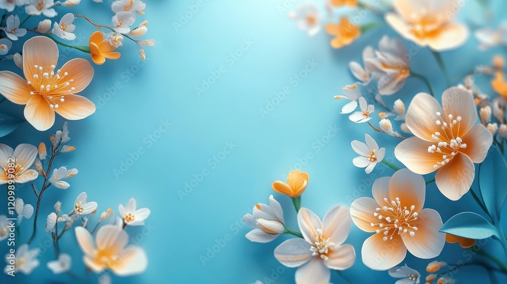 Naklejka premium Beautiful Flowers on a Soft Blue Background Creating a Serene and Tranquil Atmosphere in a Vibrant Floral Design