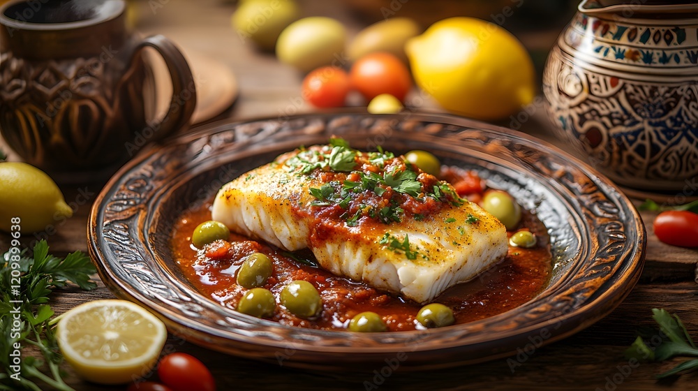 Fototapeta premium Pan-Seared Cod with Chraimeh Sauce