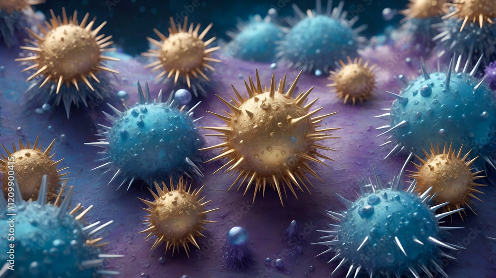 Surrealistic interpretation of viruses under a microscope with spikes shining in metallic shades of copper, silver and gold, floating on a liquid gel-like background Surrealistic interpretation of viruses under a microscope with spikes shining in metallic shades of copper, silver and gold, floating on a liquid gel-like background