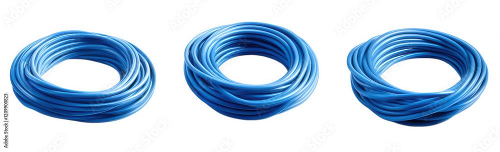 three neatly coiled lengths of blue tubing. arranged in a row. showcasing their uniformity and color these tubes are likely used in various applications such as plumbing. electrical work. or gardening three neatly coiled lengths of blue tubing. arranged in a row. showcasing their uniformity and color these tubes are likely used in various applications such as plumbing. electrical work. or gardening
