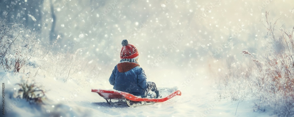 Fototapeta premium Boy playing in the snow with a sled, joyful winter activity.