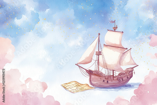 Watercolor illustration pirate captain Themed, whimsical pirate ship sailing through dreamy sky with clouds