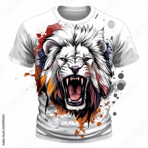 Fierce White Lion Roaring Head Graphic Print on Men s T Shirt Design photo